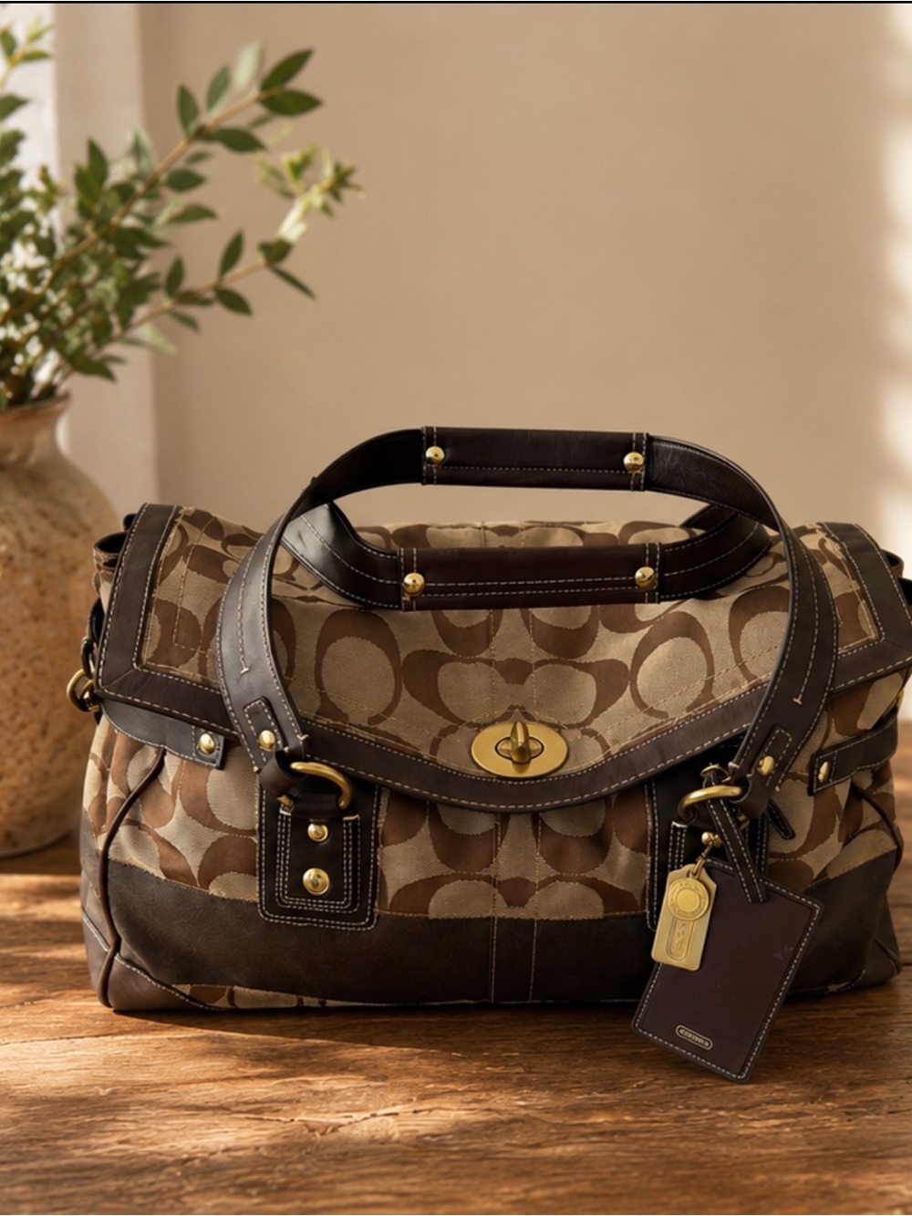 Coach Brown Signature Canvas Duffel with Leather Trim